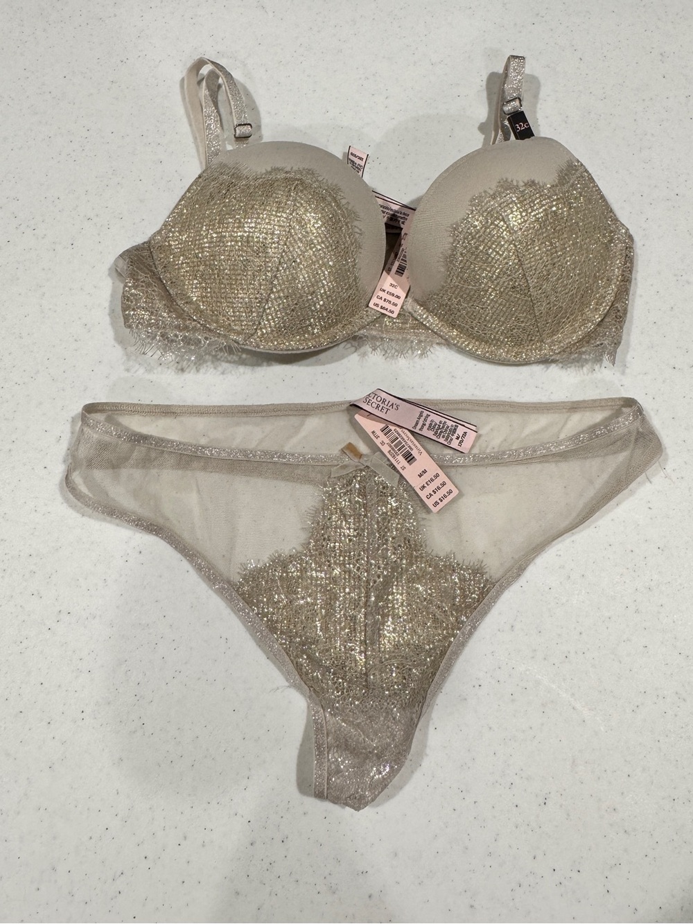 Victoria's Secret Champagne Shimmer Lace Push-Up Bra and Sheer Cheeky Panty Set